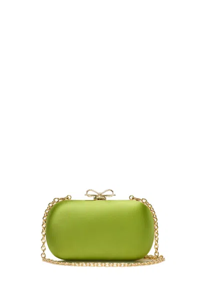 Self-portrait Lustrous Green Satin Clutch Bag With Crystal Bow Detail