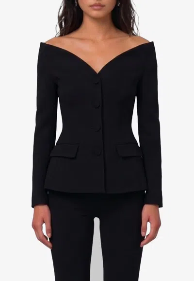 Self-portrait Off-shoulder Wool Crepe Jacket In Black