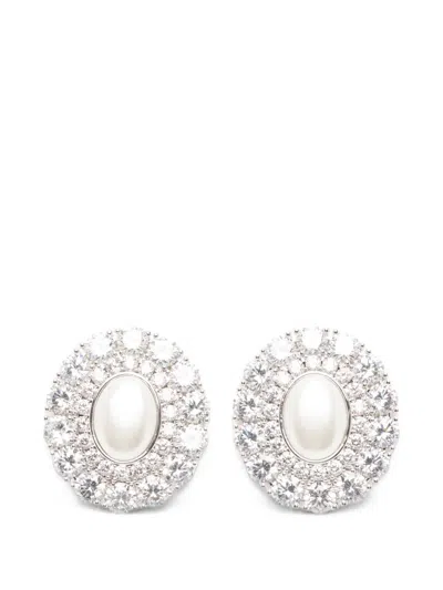 Self-portrait Oval Crystal Pearl Earrings In Metallic