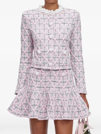 Self-portrait Pink Plaid Cardigan In White