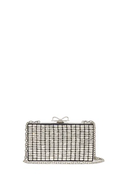 Self-portrait Rectangular Silver Beaded Clutch With Bow Clasp In White