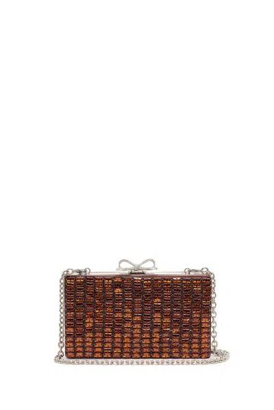 Self-portrait Rectangular Woven Texture Clutch With Crystal Bow Clasp In Brown