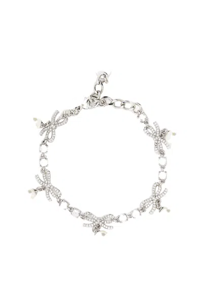 Self-portrait Silver Crystal Bow Pearl Charm Bracelet In Multi