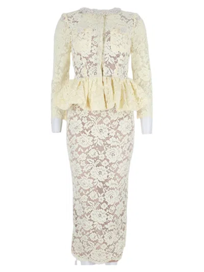 Self-portrait Yellow Lace Peplum Overlay Polyester Midi Dress In White