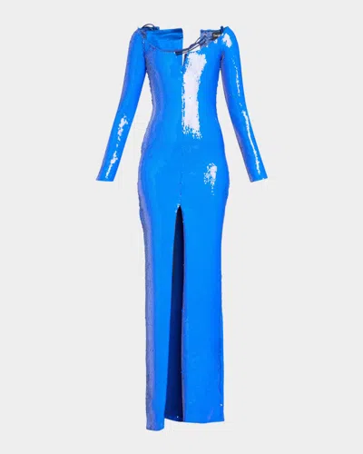 Sergio Hudson Off-the-shoulder Long-sleeve Sequined Evening Gown In Cobalt