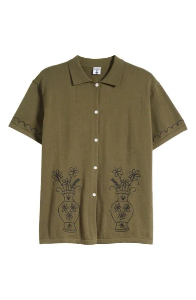 Service Works Embroidered Vase Knit Short Sleeve Button-up Shirt In Olive
