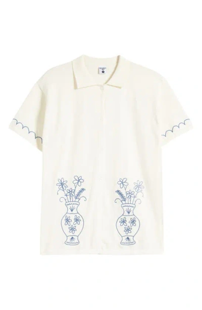 Service Works Embroidered Vase Knit Short Sleeve Button-up Shirt In Off White