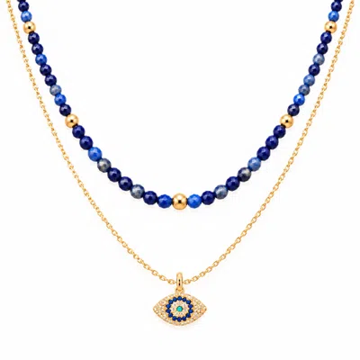 Seven Saints Divine Guardian Lapis Lazuli And Evil Eye Layered Necklace Set In Gold
