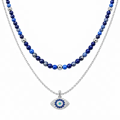 Seven Saints Divine Guardian Lapis Lazuli And Evil Eye Layered Necklace Set In White
