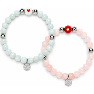 Seven Saints Heart Glow Duo | Morganite & Green Moonstone Bracelet Set In Silver