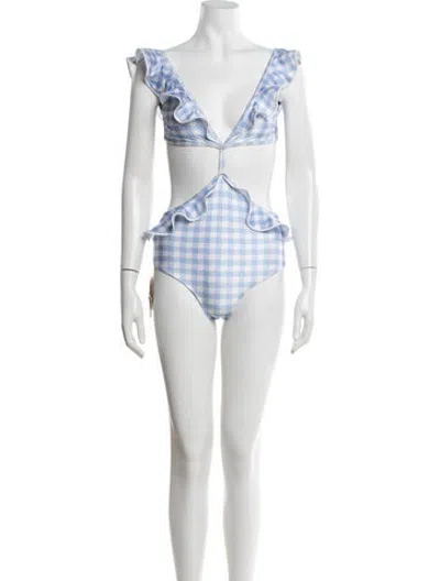 Pre-owned Shani Shemer Plaid Print Ruffle Embellishment One-piece W/ Tags In White