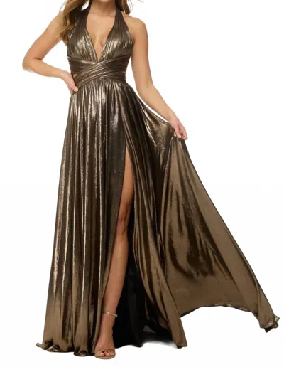 Sherri Hill Modest A Line Halter Metallic Long Prom Dress With Slit In Black/gold