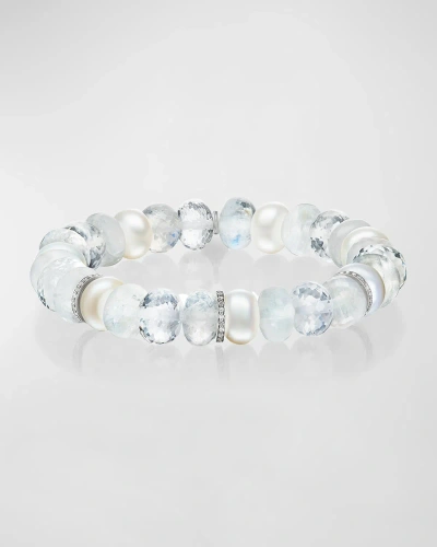 Sheryl Lowe White 8mm Mixed Bead Bracelet With 3 Diamond Rondelles In White Mix