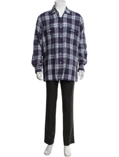 Pre-owned Sid Mashburn Linen Plaid Print Shirt In Blue