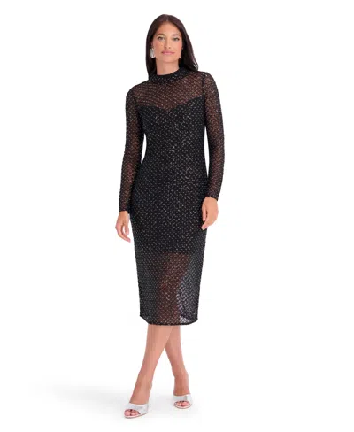 Siena Women's Sequin Mesh Fitted Mock Neck Midi Dress In Black