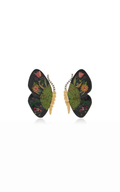 Silvia Furmanovich Marquetry Wood 18k Yellow Gold Diamond Butterfly Earrings In Brown
