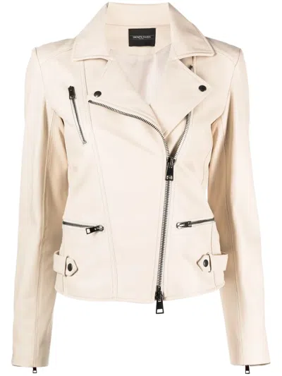 Simonetta Ravizza Zip-up Leather Biker Jacket In Neutrals
