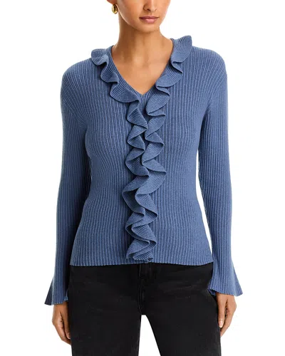 Sioni Ruffle Trim V Neck Sweater In Blue