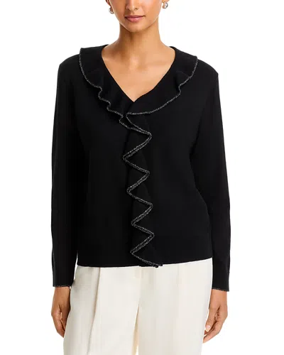 Sioni Ruffled Metallic Trim V Neck Sweater In Black