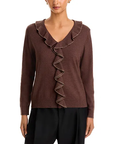 Sioni Ruffled Metallic Trim V Neck Sweater In Brown
