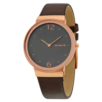 Skagen Freja Brown Dial Leather Ladies Watch Skw2368 In Brown,gold Tone,pink,rose Gold Tone