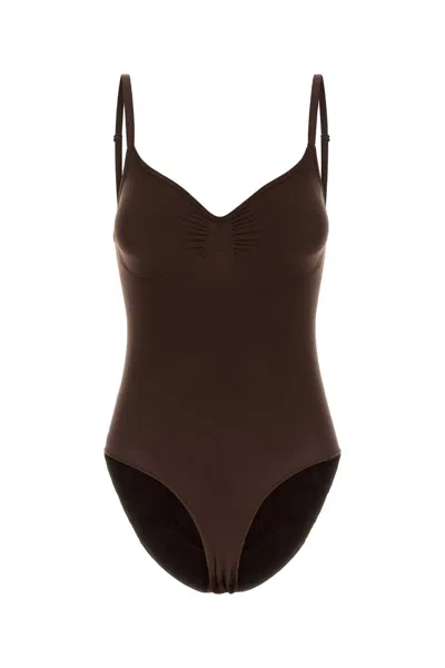 Skims Cocoa Stretch Nylon Sculpt Mini Bodysuit In Brown