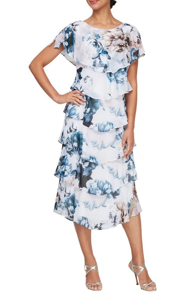 Sl Fashions Floral Tiered Cocktail Midi Dress In Ivory Multi