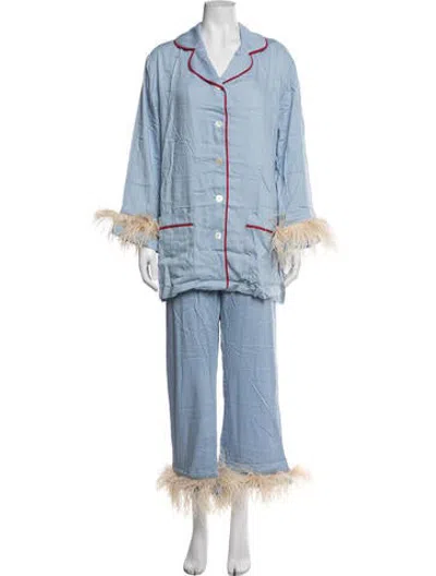 Pre-owned Sleeper Feather Trim Pant Set W/ Tags In Blue