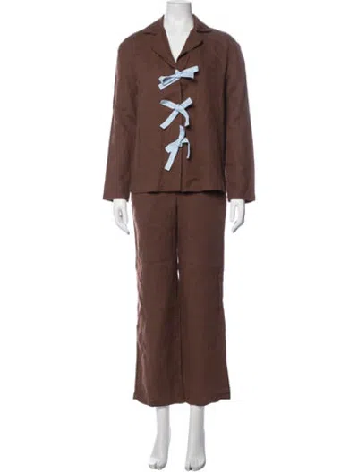 Pre-owned Sleeper Linen Bow Accents Pant Set W/ Tags In Brown