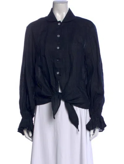 Pre-owned Sleeper Linen Long Sleeve Button-up Top In Blue