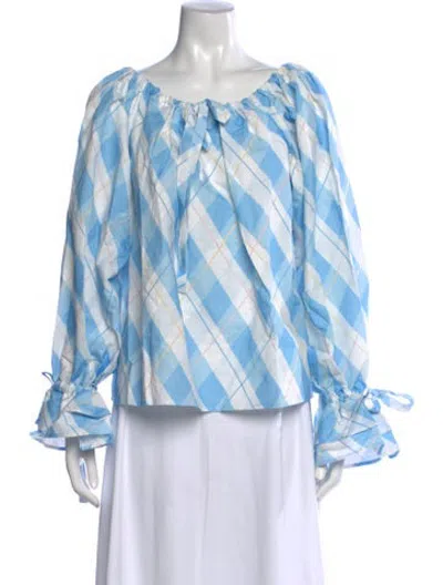 Pre-owned Sleeper Linen Plaid Print Top W/ Tags In Blue