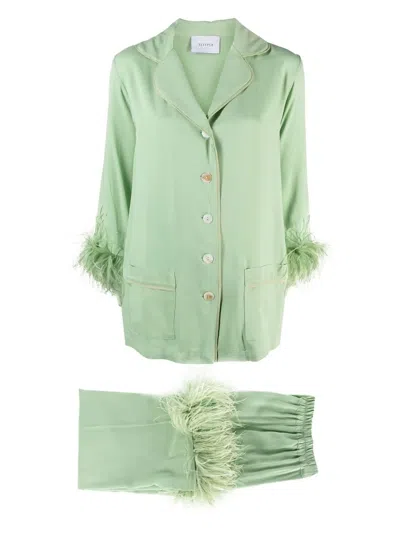 Sleeper Party Feather-embellished Pajama Set In Green