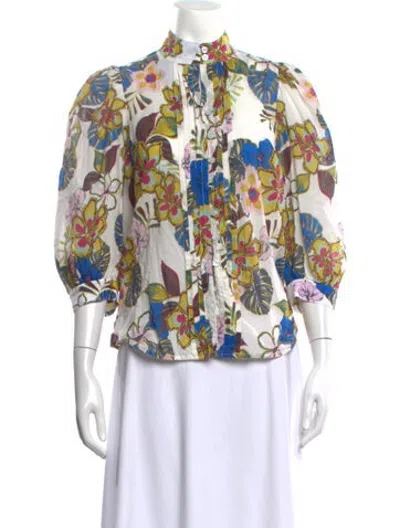 Pre-owned Smythe Floral Print Three-quarter Sleeve Blouse In Blue/neutrals