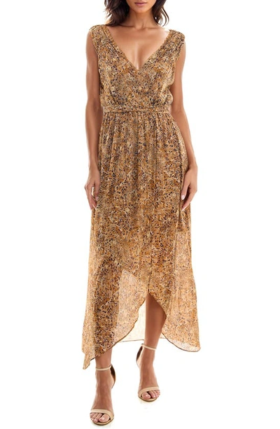 Socialite Abstract Print Chiffon High-low Dress In Caramel/navy