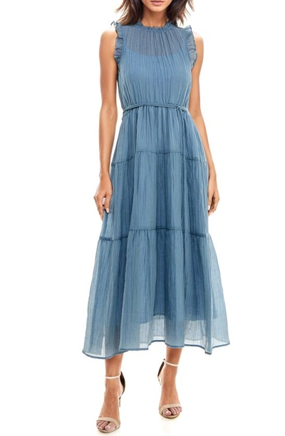 Socialite Crinkle Tiered Sleeveless Midi Dress In Dusty Blue