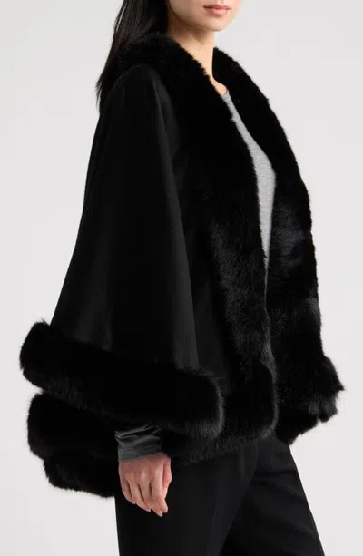 Sofia Cashmere Cashmere Cape With Faux Fur Trim In Black