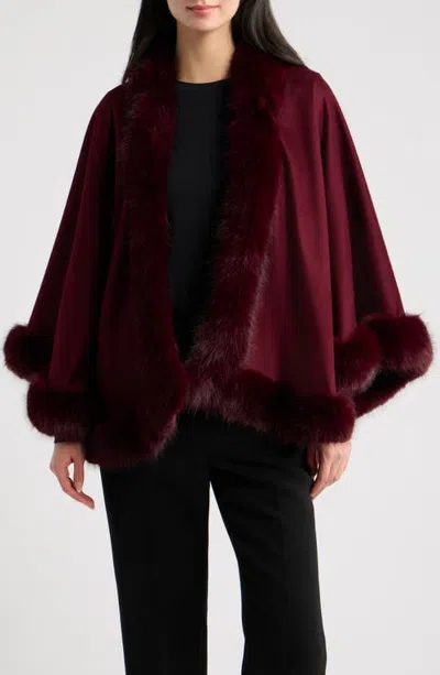 Sofia Cashmere Cashmere Cape With Faux Fur Trim In Burgundy