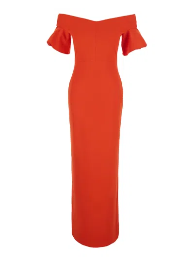 Solace London Off-shoulder Tech Fabric Long Dress With Hidden Back Zip Closure In Orange