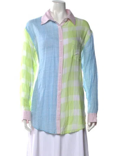 Pre-owned Solid & Striped Colorblock Pattern Long Sleeve Button-up Top In Blue