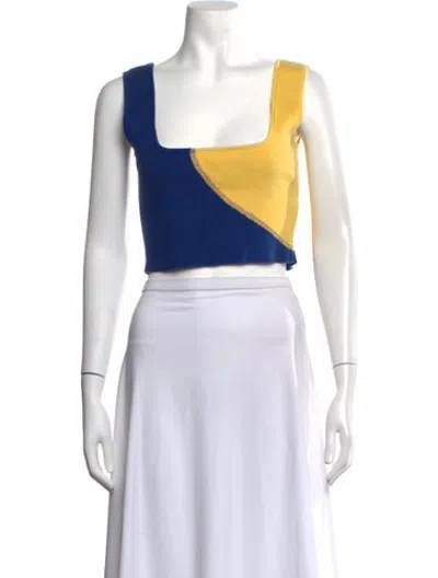 Pre-owned Solid & Striped Colorblock Pattern Square Neckline Crop Top In Blue/yellow