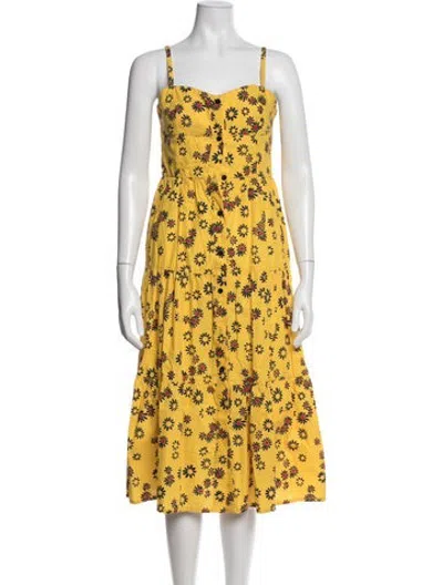 Pre-owned Solid & Striped Floral Print Midi Length Dress In Yellow