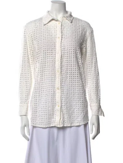 Pre-owned Solid & Striped Lace Pattern Long Sleeve Button-up Top In White