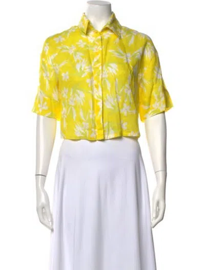 Pre-owned Solid & Striped Linen Floral Print Button-up Top In Yellow