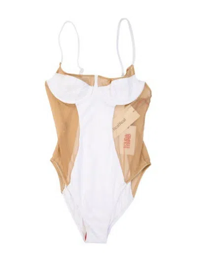 Pre-owned Solid & Striped Mesh Accents One-piece W/ Tags In Neutrals