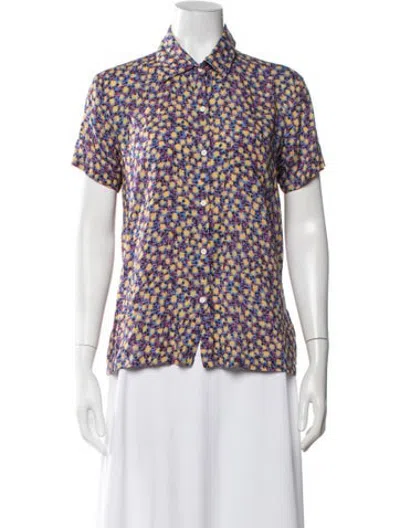 Pre-owned Solid & Striped Printed Short Sleeve Button-up Top In Blue
