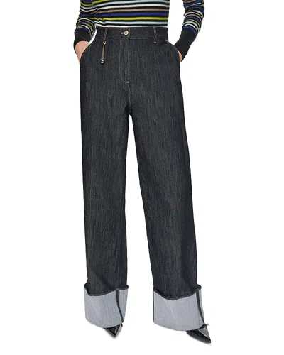 Sonia Rykiel High Rise Cuffed Wide Leg Jeans In Black In Animal Print