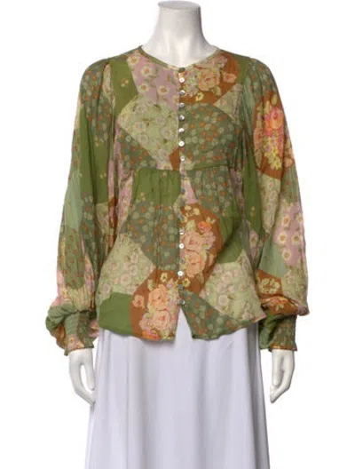 Pre-owned Spell Floral Print Crew Neck Blouse In Green