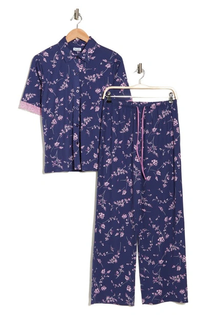Splendid Floral Short Sleeve Button-up Top & Pants Pajamas In Blue