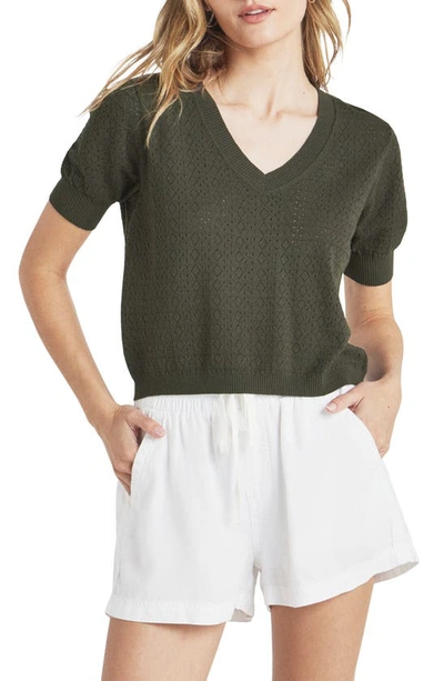 Splendid Sadie Open Stitch Short Sleeve Sweater In Olive