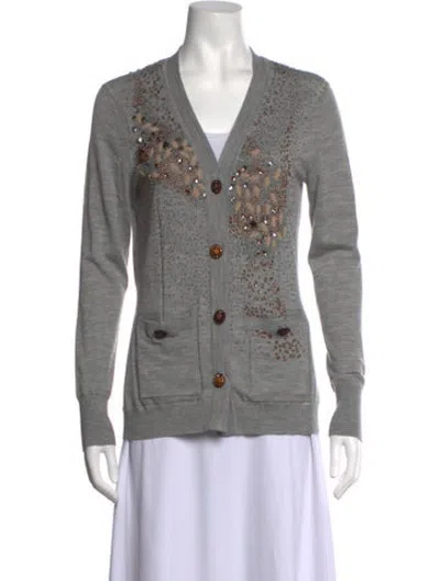 Pre-owned St. John Couture Patterned V-neck Sweater In Grey